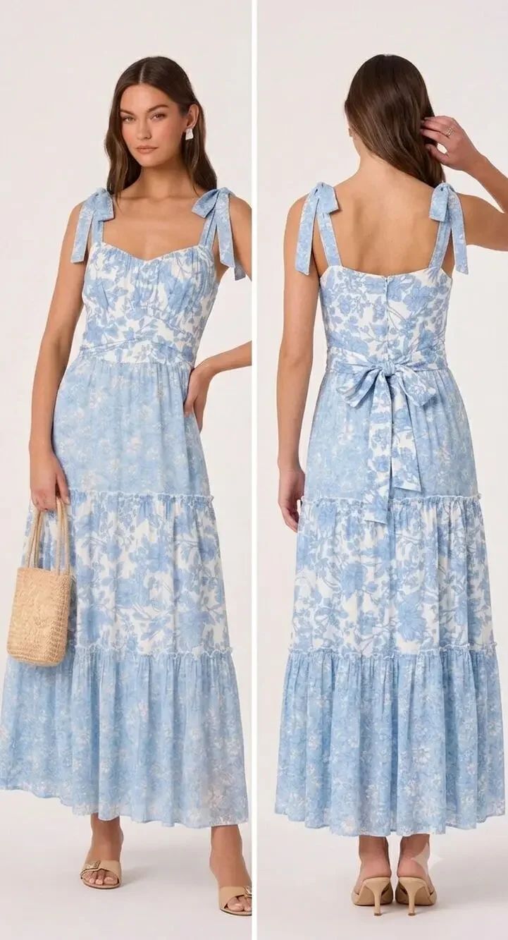 Trixxi Blue White Floral Tie Shoulder Tiered Maxi Dress XL NWOT Boho Cottagecore